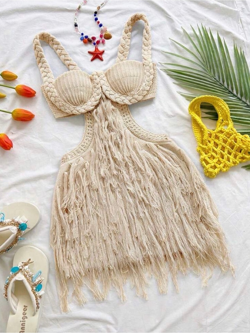 Beige Crochet Fringe Mini Dress with Braided Straps